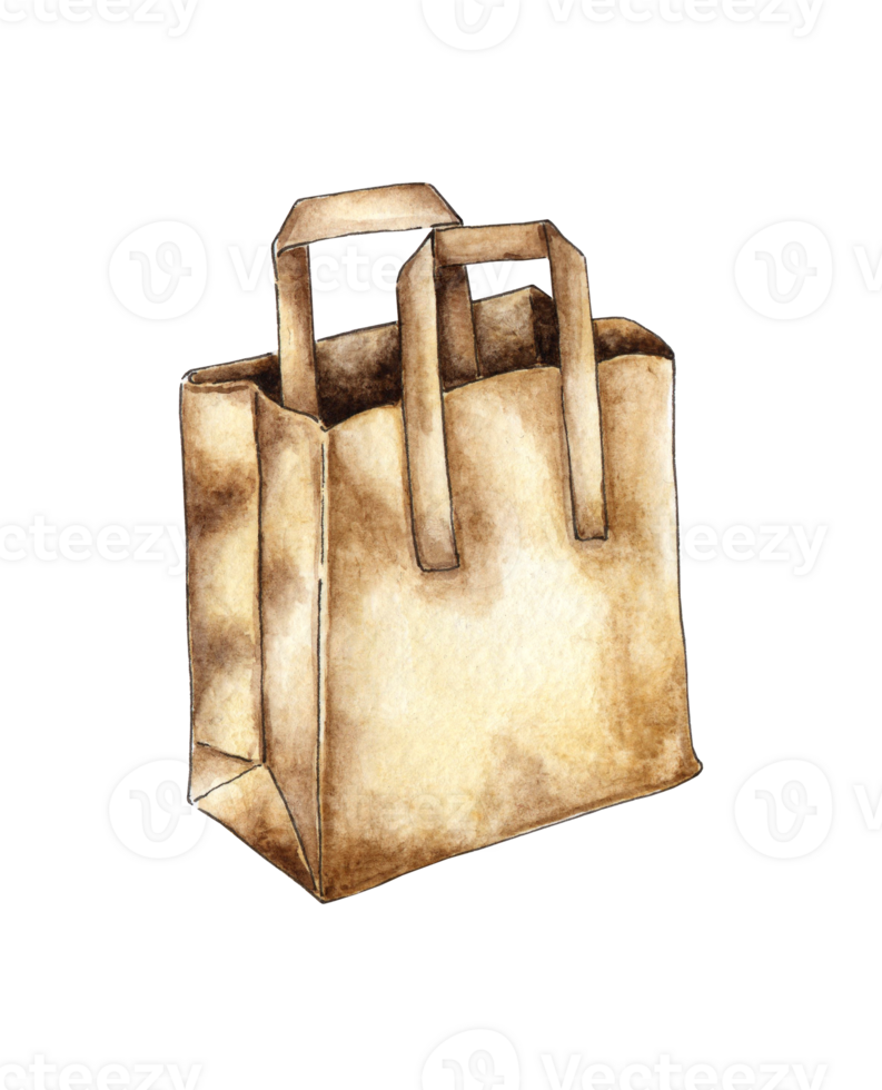 Paper craft bag. Eco friendly Symbol of consumerism. Shopping center bag, shopping bag. Watercolor illustration painted by hand. png