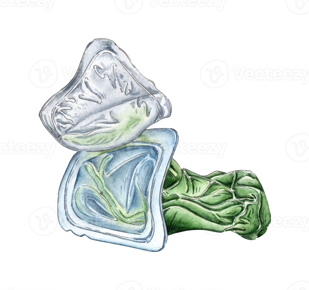 Watercolor drawing green crumpled plastic cup from yogurt. Realistic crumpled empty packaging. Garbage recycling concept, discarded trash. Symbol of pollution and waste. Let's save the world png