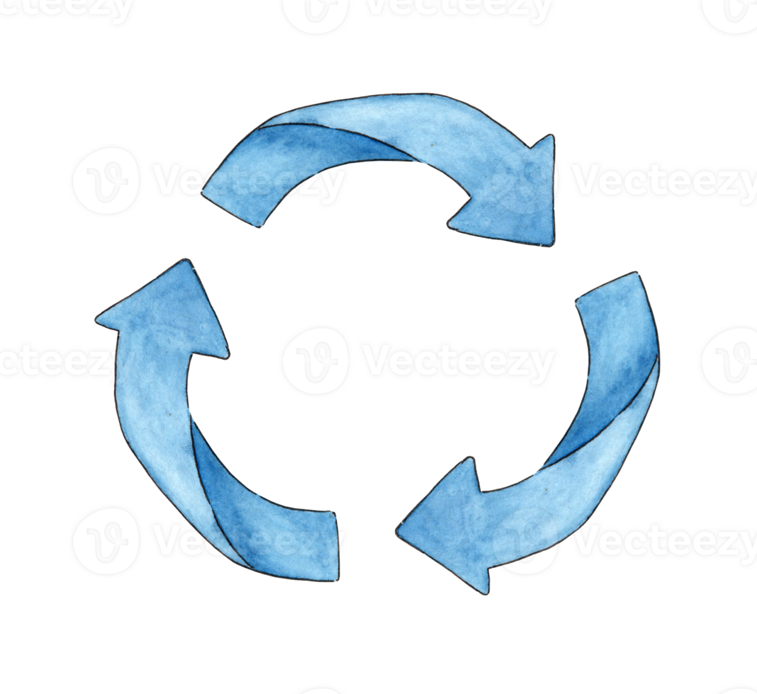 Watercolor illustration of blue garbage disposal sign isolated. Reuse symbol for ecological design. Wasteless lifestyle. Isolated . Drawn by hand. png