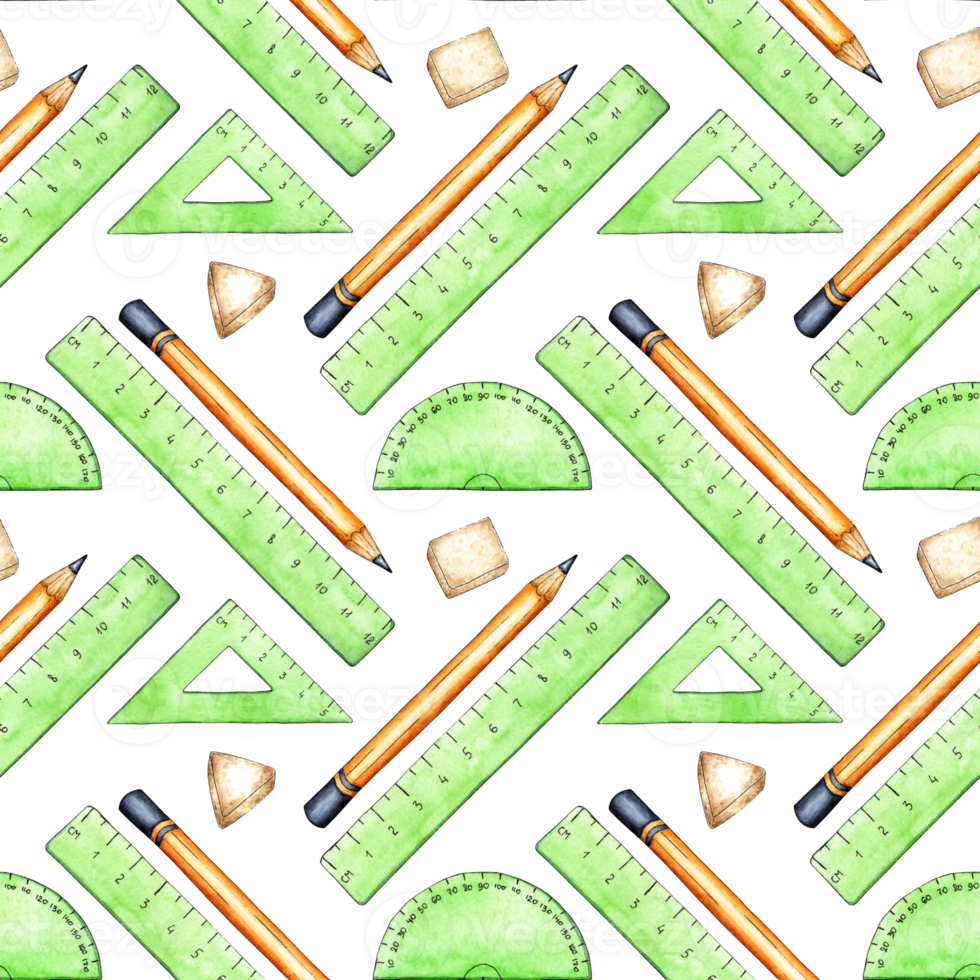 Watercolor illustration of a pattern of green plastic measuring rulers, a simple pencil and an eraser. Draw, measure and edit. Back to School Writing supplies for posters, posters, postcards, holiday png