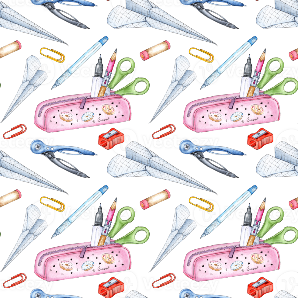 Watercolor illustration of office seamless pattern, school supplies pencil case, pens, pencils, scissors, compasses, sharpener, eraser, paper airplane. Back to school. Isolated, hand drawn png