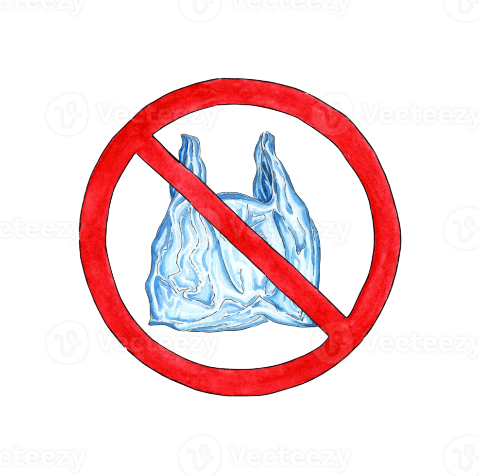 Watercolor say no poster with plastic bag. Prohibition sign of disposable cellophane and polythene bag. Pollution problem concept. The package is in a red crossed out circle. isolated png