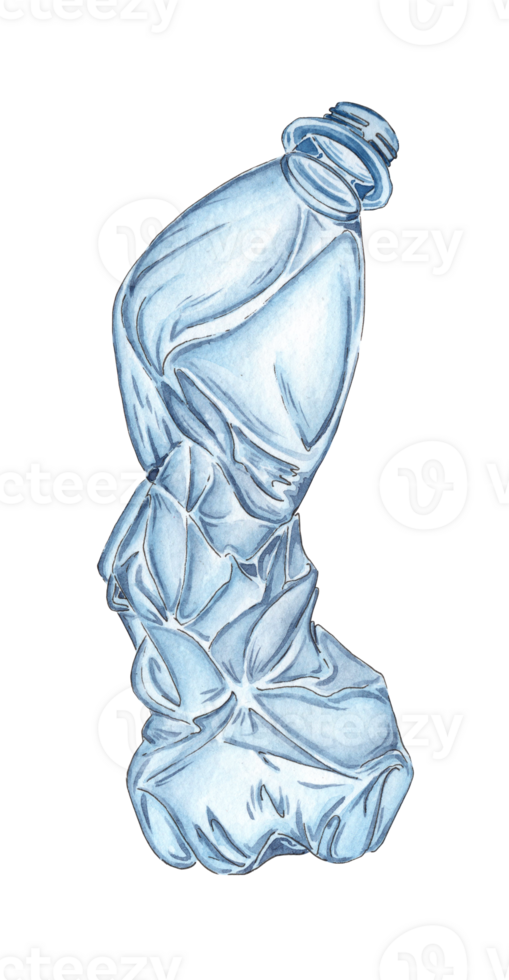 Watercolor drawing of a blue crumpled plastic bottle. Realistic crumpled empty packaging. Garbage recycling concept, discarded garbage. Symbol of pollution and waste. Let's save the world from plastic png