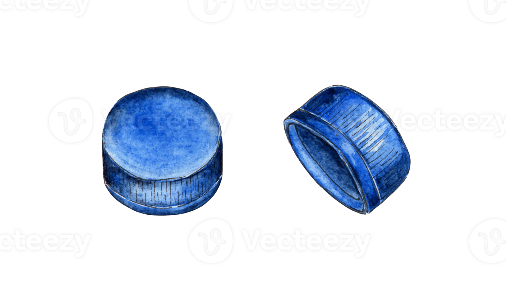 Watercolor illustration set of blue plastic bottle caps. Garbage recycling concept, discarded garbage. Symbol of pollution and waste. Let's save the world from plastic. Isolated png