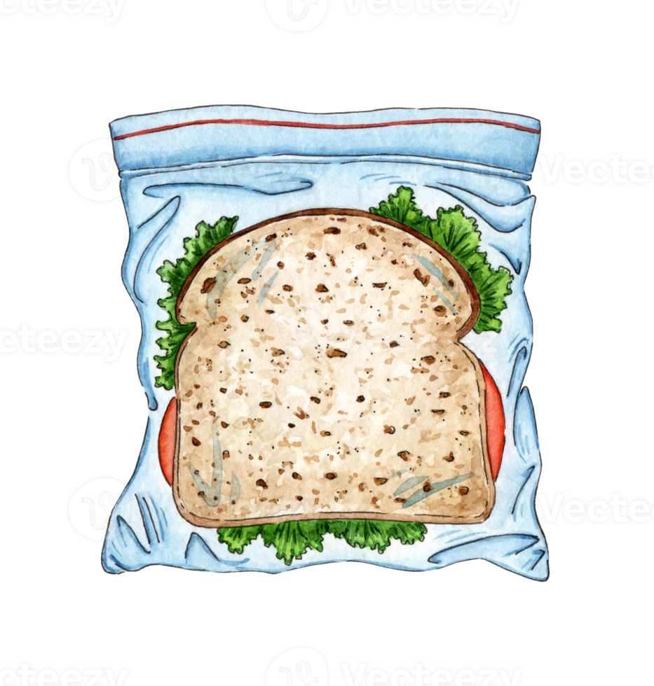 Watercolor illustration of a sandwich in a plastic bag for breakfast, or lunch. Takeaway package clipart for menus, banners, package design. Isolated. Drawn by hand. png
