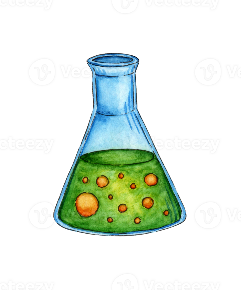 Watercolor illustration of a triangular flask with green liquid and yellow bubbles inside. Using glass flasks for chemical analysis or experiment and making potion. Laboratory equipment. isolated png