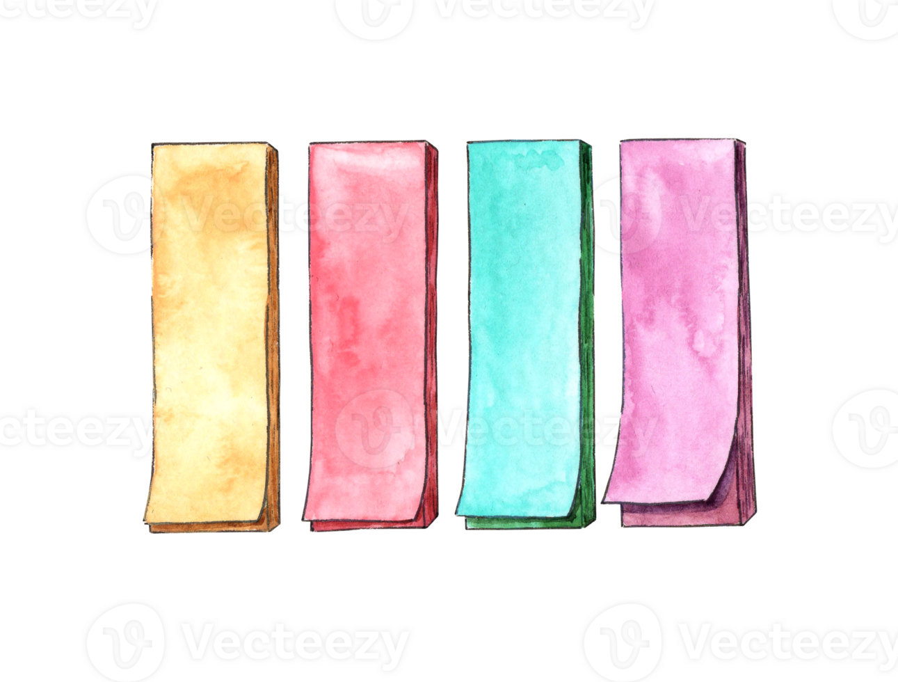 Watercolor illustration set of paper bookmark stickers. Bright notepads so you don't forget. Multi-colored pieces of rectangular paper. Back to school. Isolated. Drawn by hand. png