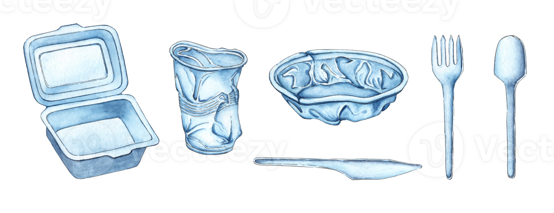 Set of watercolor illustrations of plastic trash. Disposable plastic