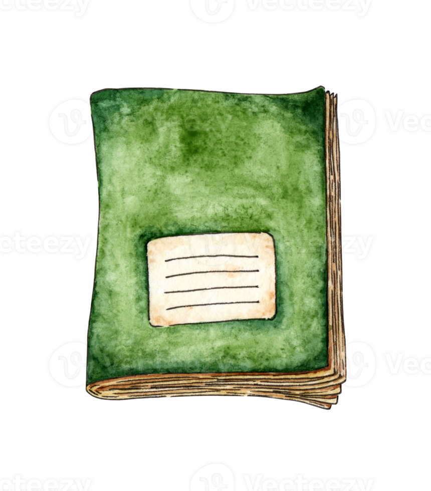 Watercolor illustration of green school notebook doodle. Clean notepad. Simple lined paper clipart. Back to school. Isolated. Drawn by hand. png