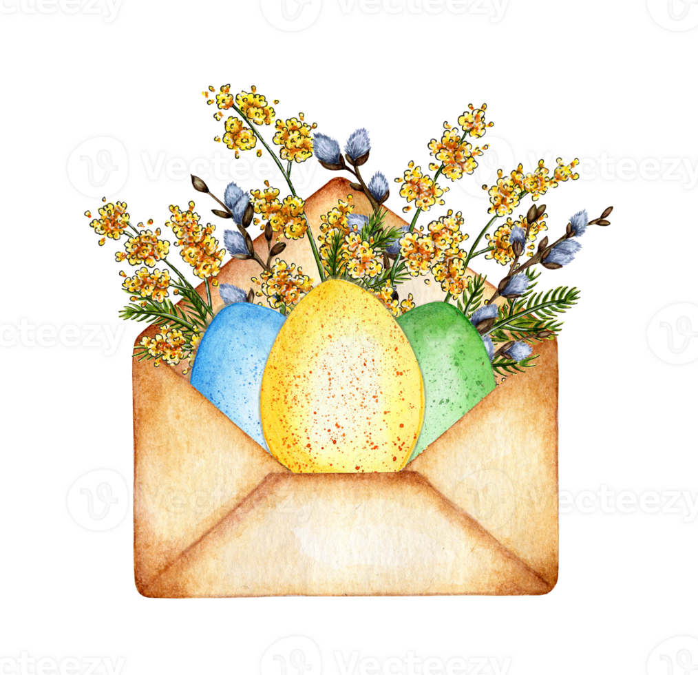 Watercolor illustration of an envelope with Easter eggs, willow and mimosa. Design for greeting card, banner, flyer, cover, poster and print on other product. Isolated. drawn by hand. png
