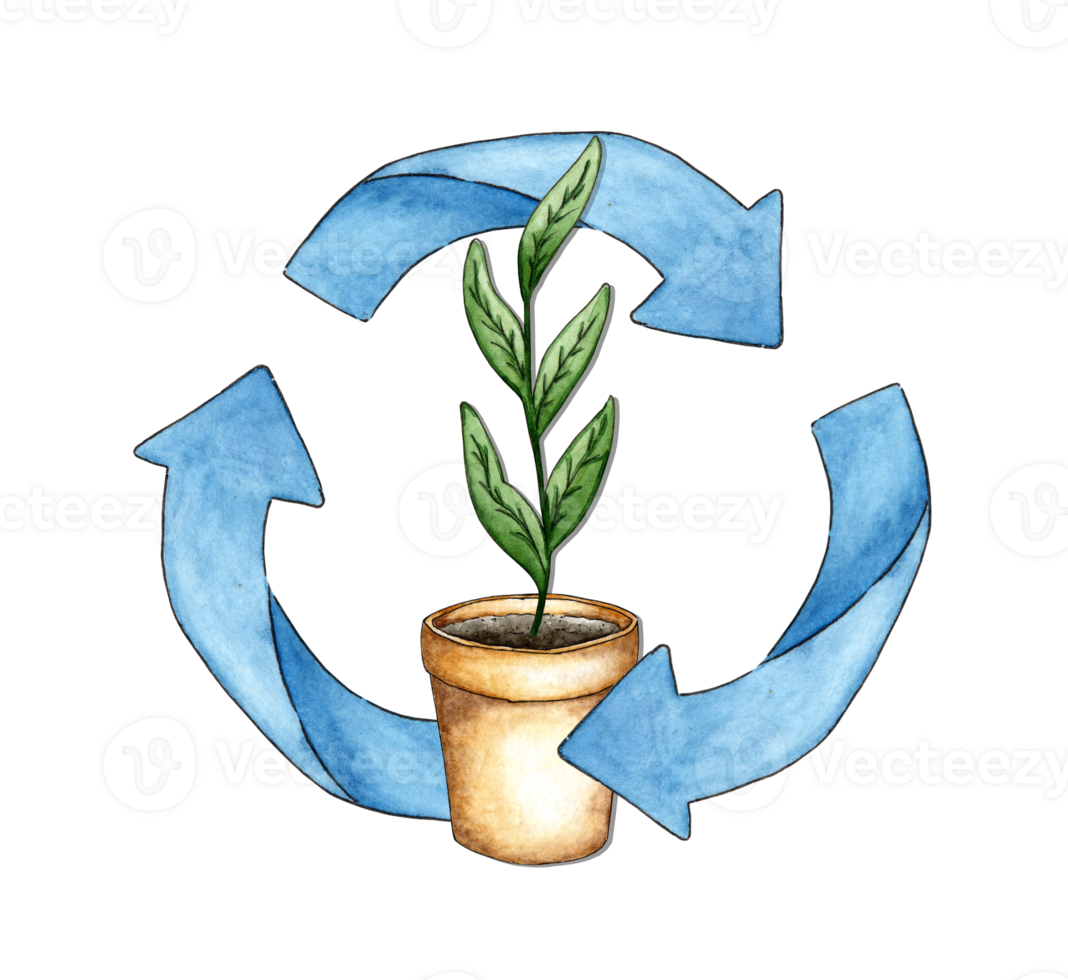 Waste recycling watercolor sign from a blue circle and a plant in a pot. Illustrations on the theme of environmental pollution. Clip art element for design, packaging, banner, postcard, poster. png