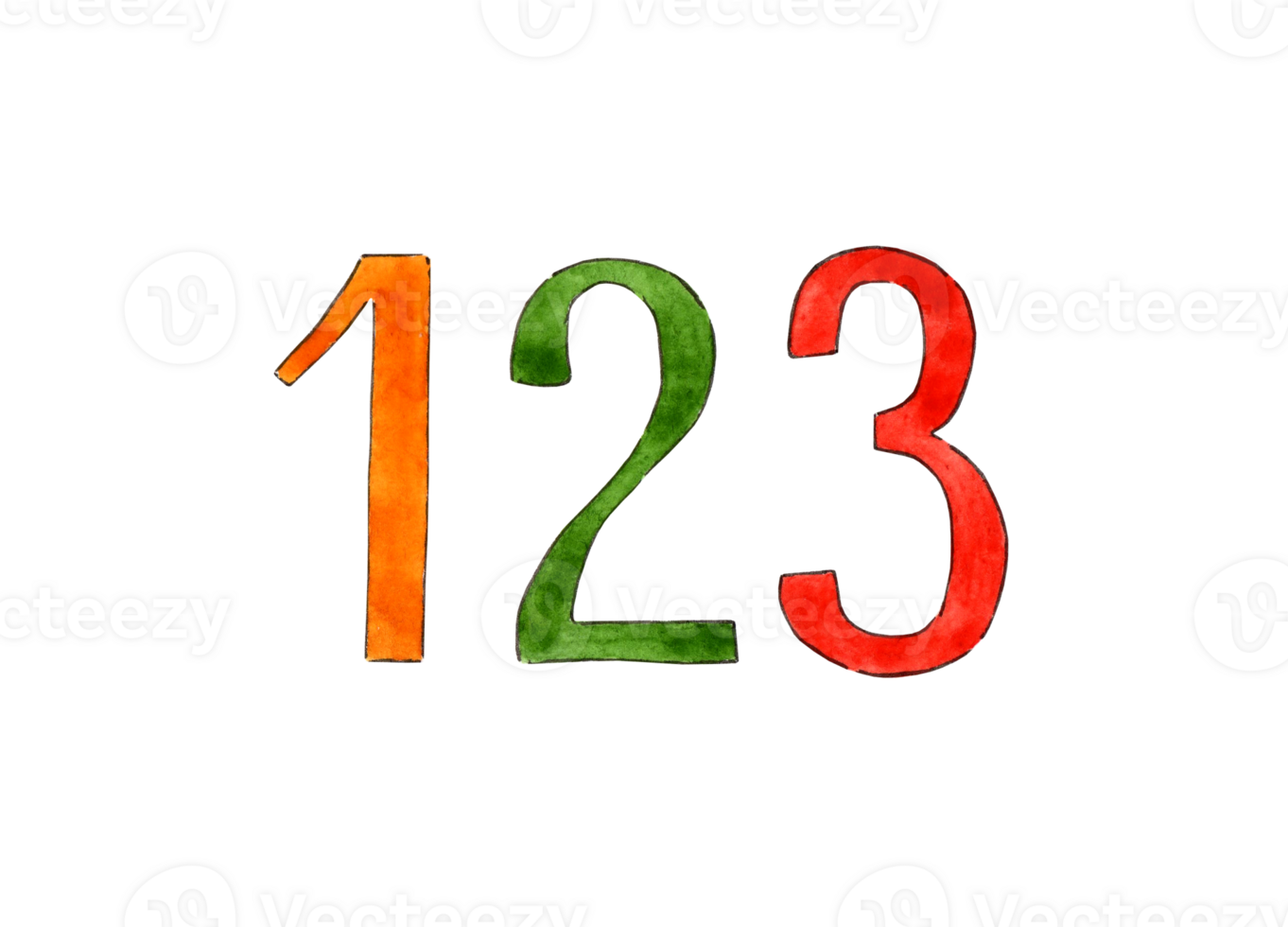 Watercolor illustrations of multi-colored numbers 123, font, letters. Doodle back to school. Use for poster, print, postcard, design, pattern, shop, advertising, marketing. png