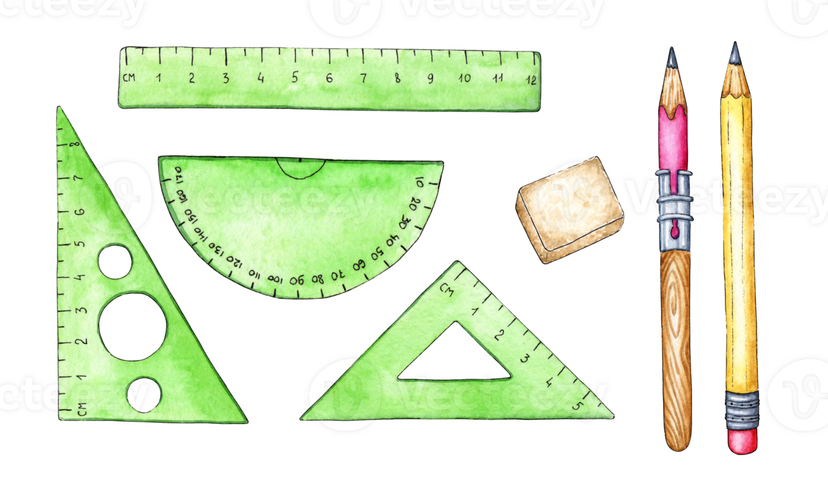 A set of watercolor illustrations of school subjects for a lesson in mathematics, drawing, geometry. Stationery - pencils, rulers and an eraser. back to school. Education concept isolated. Drawn png