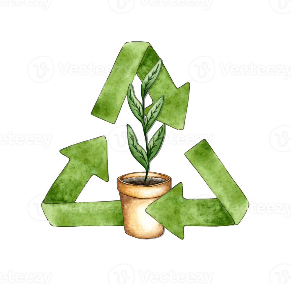 Watercolor illustration of a green recycling sign with a potted plant. Reuse symbol for ecological design. Wasteless lifestyle. Isolate png