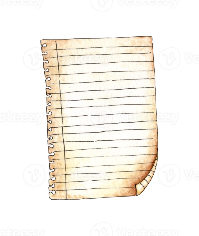 Watercolor illustration of a lined notebook sheet. Blank notepad sheet. Simple lined paper page clipart. Back to school. Isolated . Drawn by hand. png