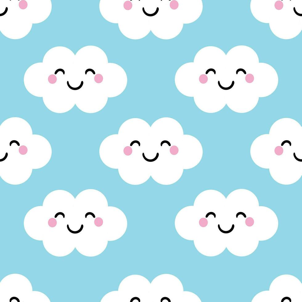 linda dibujos animados blanco nubes sin costura modelo. linda fondo de pantalla para regalo envase papel, textil, vistoso vector para niños, plano estilo