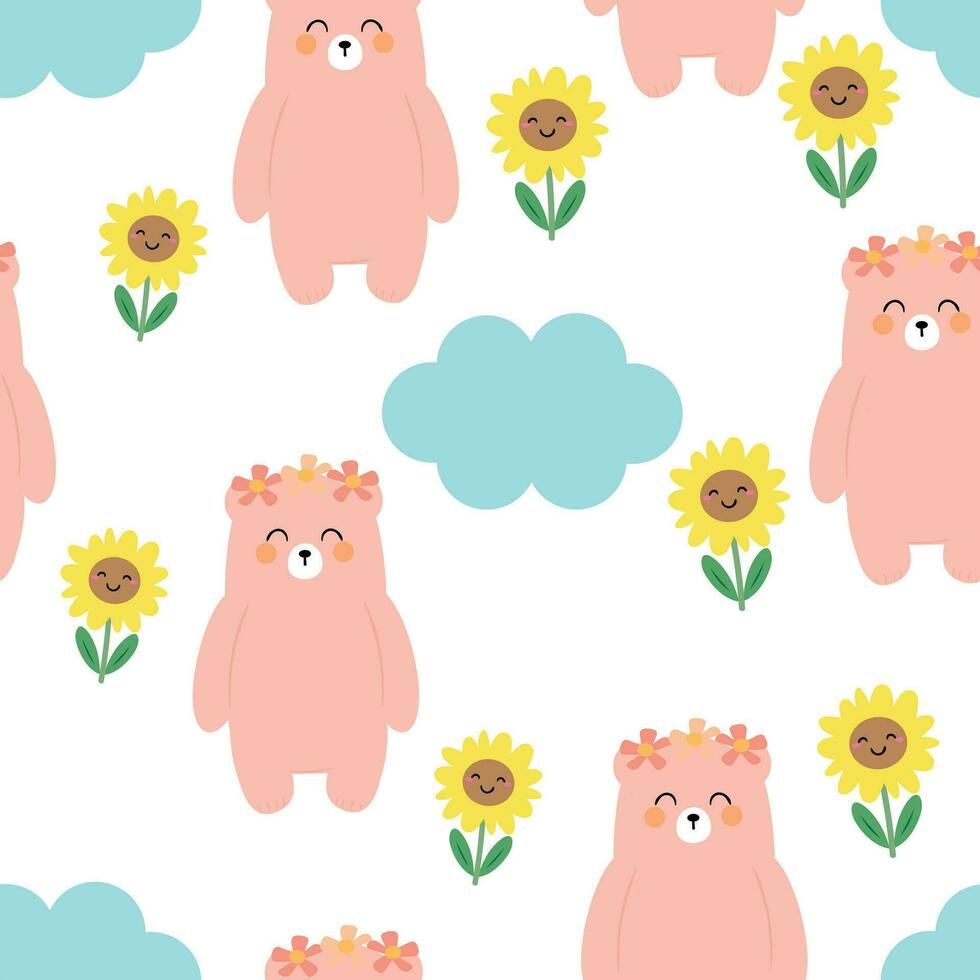 Seamless pattern of cute cartoon flowers, clouds and bear. cute wallpaper for gift wrapping paper, textile, colorful vector for children, flat style