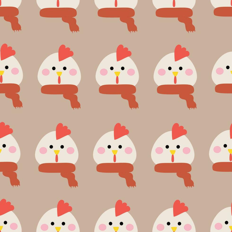 Seamless pattern of chickens wearing cute cartoon scarves. cute wallpaper for gift wrapping paper, textile, colorful vector for children, flat style