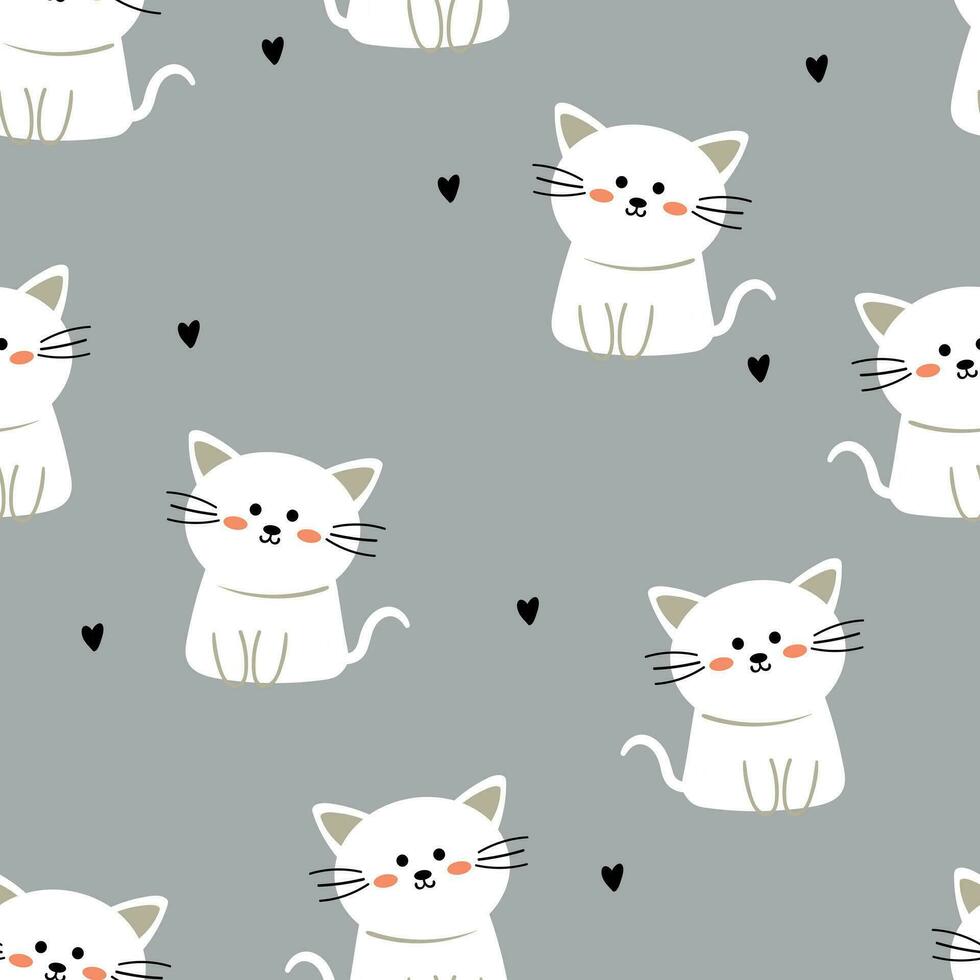 Seamless pattern of cute cartoon white cats gray background. cute wallpaper for gift wrapping paper, textile, colorful vector for children, flat style