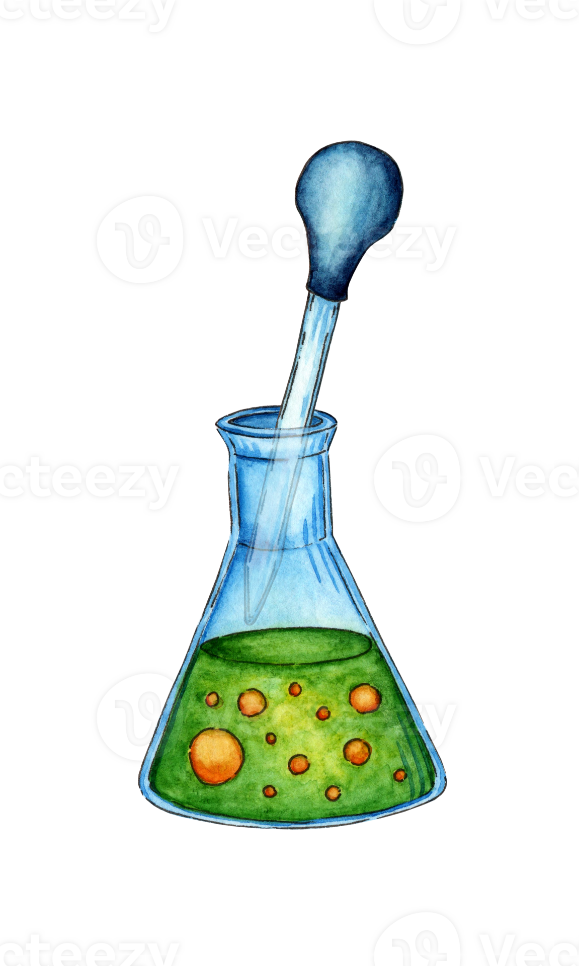Watercolor illustration of a triangular flask with a green liquid and yellow bubbles inside and