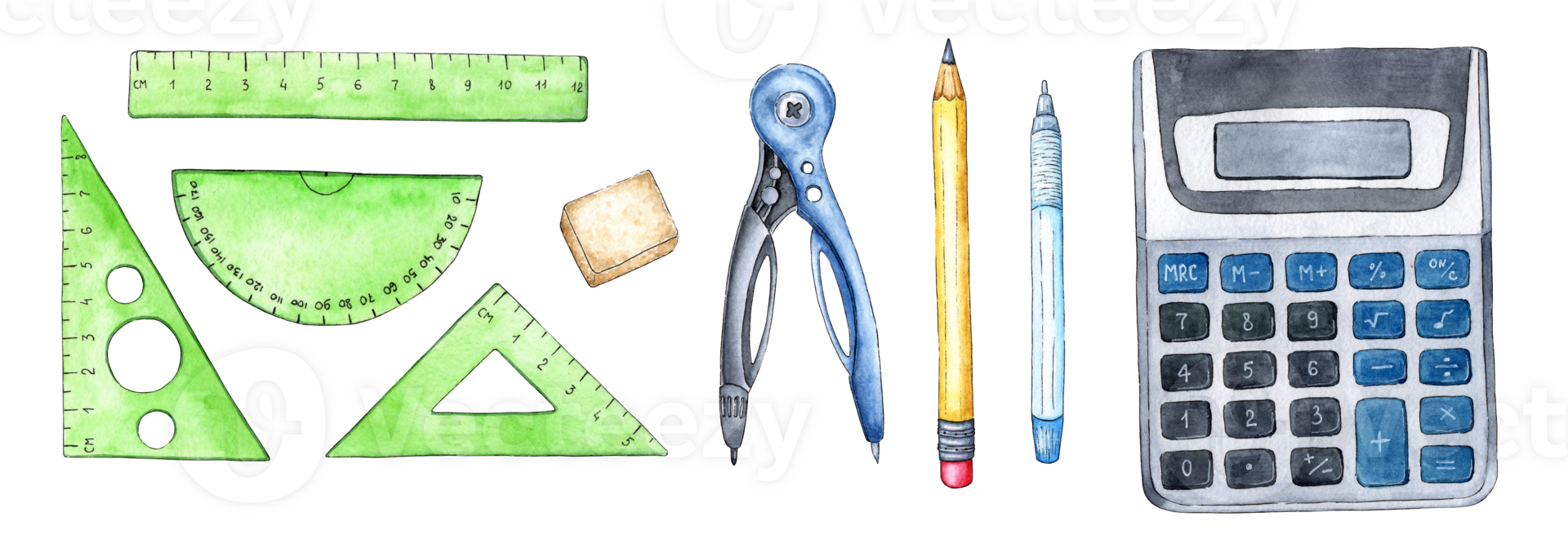 Watercolor illustration set of school subjects for math lesson. Stationery - pen, pencil, ruler, calculator, compass and eraser. Back to school. Education concept isolated. Drawn by hand. png