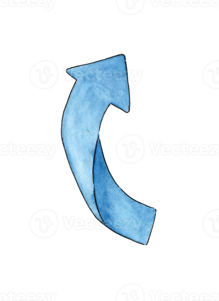 Watercolor illustration blue up arrow. The semicircular blue arrow on the right is drawn with a brush on paper. Design elements for modern banner, sticker, diary. Isolated png