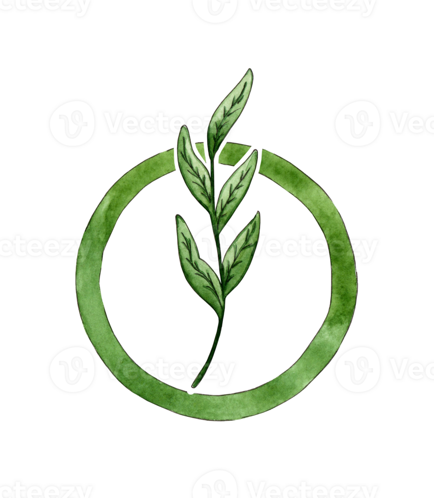 Watercolor illustration logo design sprout in green circle, herbal green tea, natural medicine, sprout with green leaves, recycling concept, reuse. Isolated png