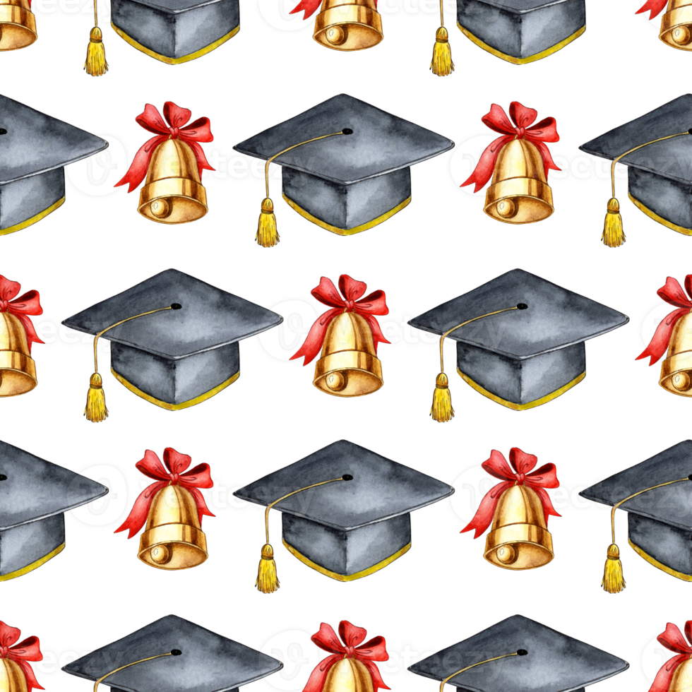 Watercolor illustration of a pattern of uniform caps and a bell with a ribbon dedicated to the graduation of academic students. Black varsity hat with gold ribbons. Isolated. Drawn by hand. png