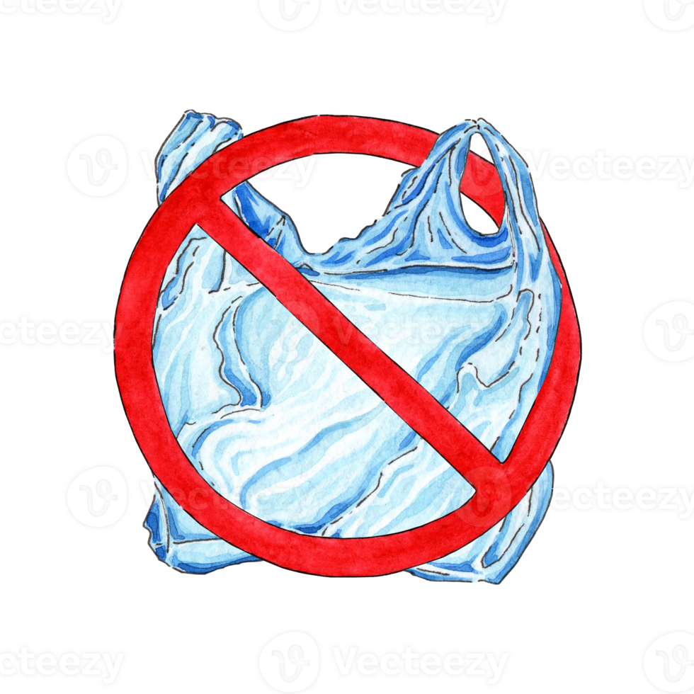 Watercolor illustration says no poster with plastic bag. Prohibition sign of disposable cellophane and plastic bag. Pollution problem concept. The package is in a red crossed out circle. isolated png
