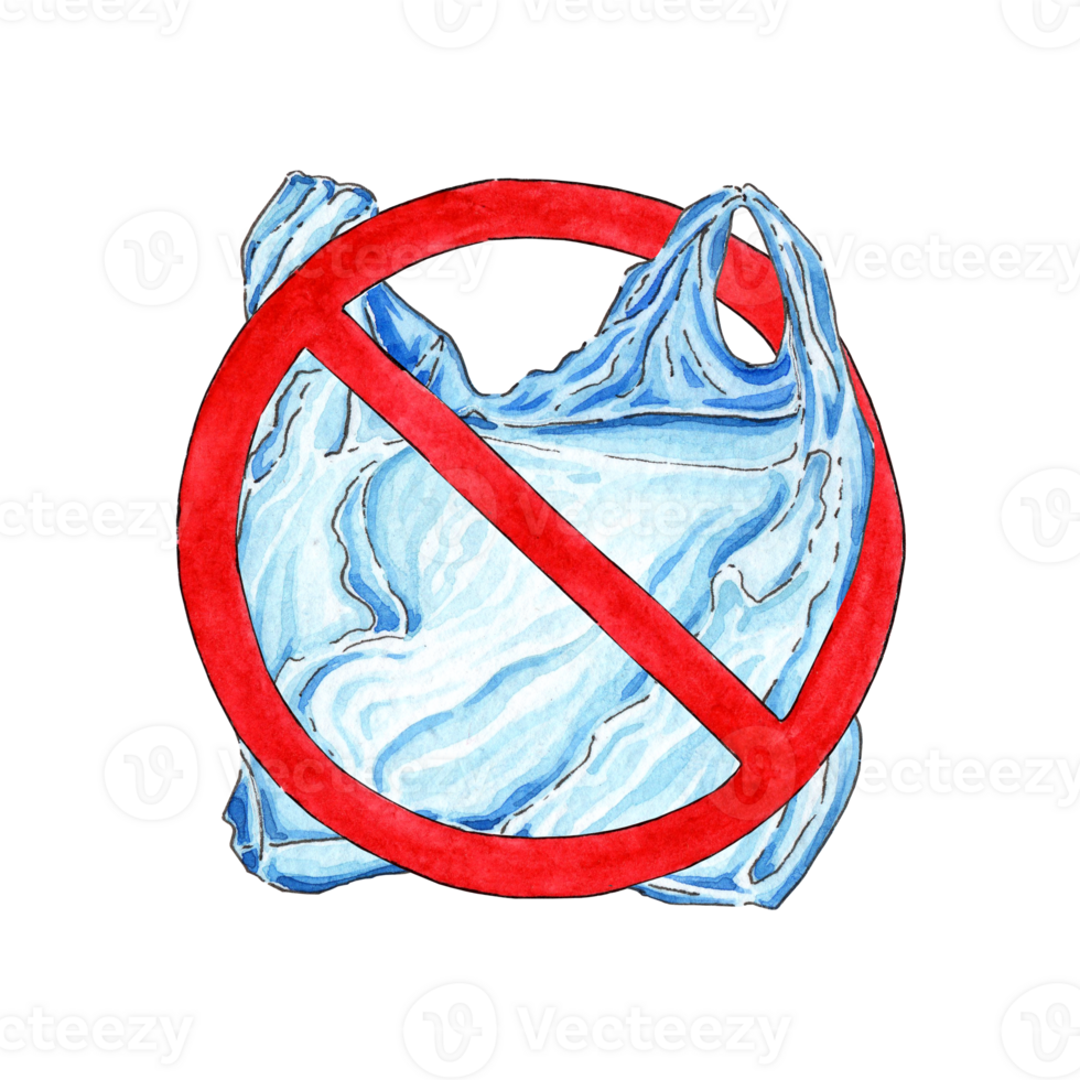 aquarelle illustration dit non affiche avec Plastique sac. interdiction signe de jetable cellophane et Plastique sac. la pollution problème concept. le paquet est dans une rouge franchi en dehors cercle. isolé png