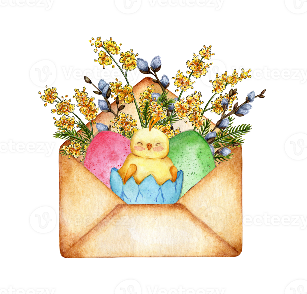 Watercolor illustration of an envelope with Easter eggs, willow, mimosa and chicken. Design for greeting card, banner, flyer, cover, poster and print on other product isolated png