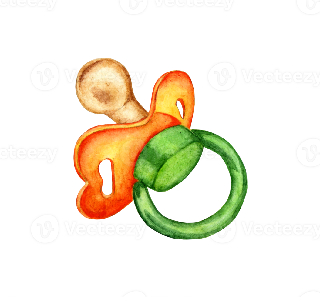 Watercolor illustration of an orange-green pacifier for a small child. Baby shower accessories. Clip art for fabric textile baby clothes, wallpapers, wrapping paper, packaging, design cards isolated png