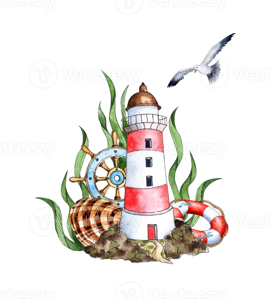 Watercolor illustration of a sea lighthouse with a rudder, a lifebuoy, a seashell, seaweed and a seagull. Composition for posters, postcards, banners, flyers, covers, posters and other printing png