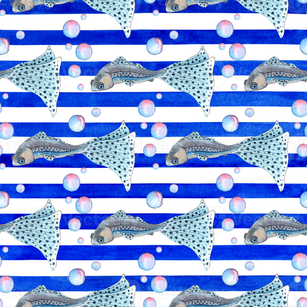 Watercolor illustration pattern of a small blue fish with a large beautiful spotted tail and bubbles on a blue striped background. Seamless repeat print of guppy aquarium fish. Isolated. drawn png