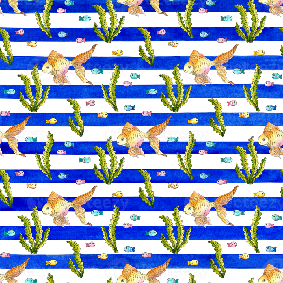 Watercolor illustration of a pattern of golden fish with algae and small fish on a blue striped background. Seamless repeating print of aquarium fish. Isolated, hand drawn. png