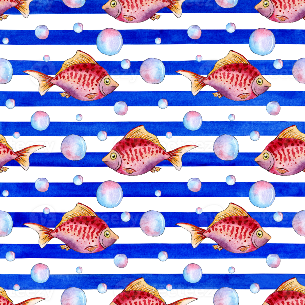 Watercolor illustration of a pattern of small red fish and bubbles on a blue striped background. Composition for the design of souvenirs, postcards, posters, banners, menus, labels, logos. isolated png