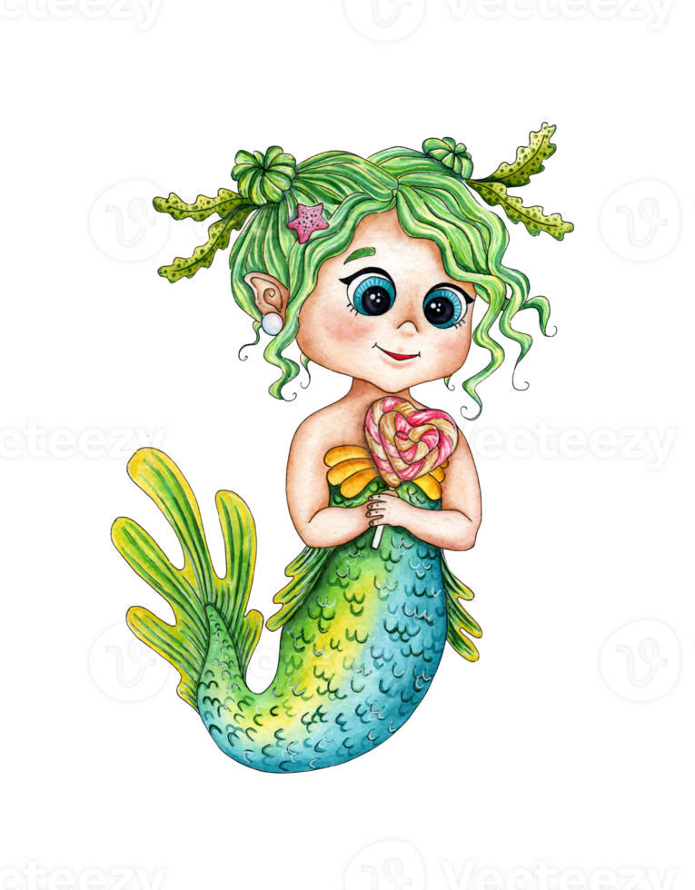 Watercolor illustration of the mermaid. Cartoon character with big eyes and green hair. It's perfect for postcards, posters, banners, invitations, greeting cards, prints. isolated png