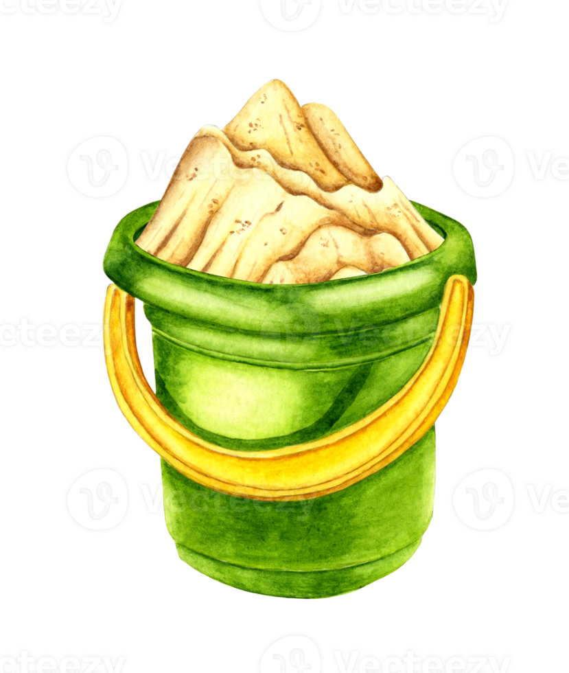 aguarela ilustração do uma verde plástico balde preenchidas com areia para pequeno crianças. verão jogos às mar. As fotos para tecido têxtil roupas, papeis de parede, invólucro papel, embalagem, Projeto cartões. png