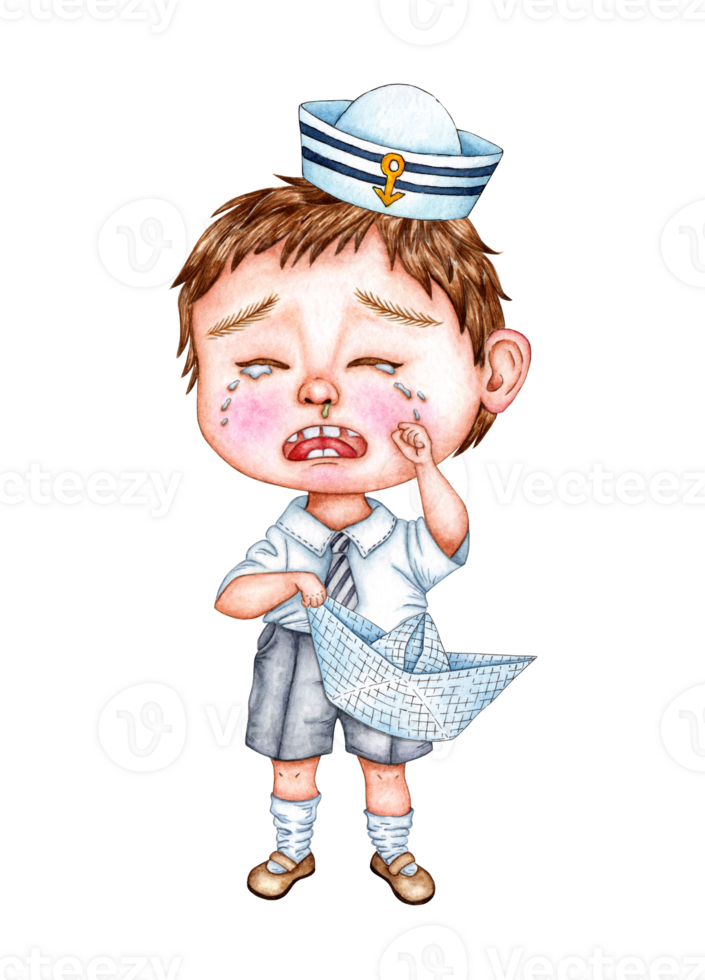 Watercolor illustration of a little crying boy. Child captain with a paper boat in his hands. Design for greeting card, banner, flyer, cover, poster and print on other product. isolated png