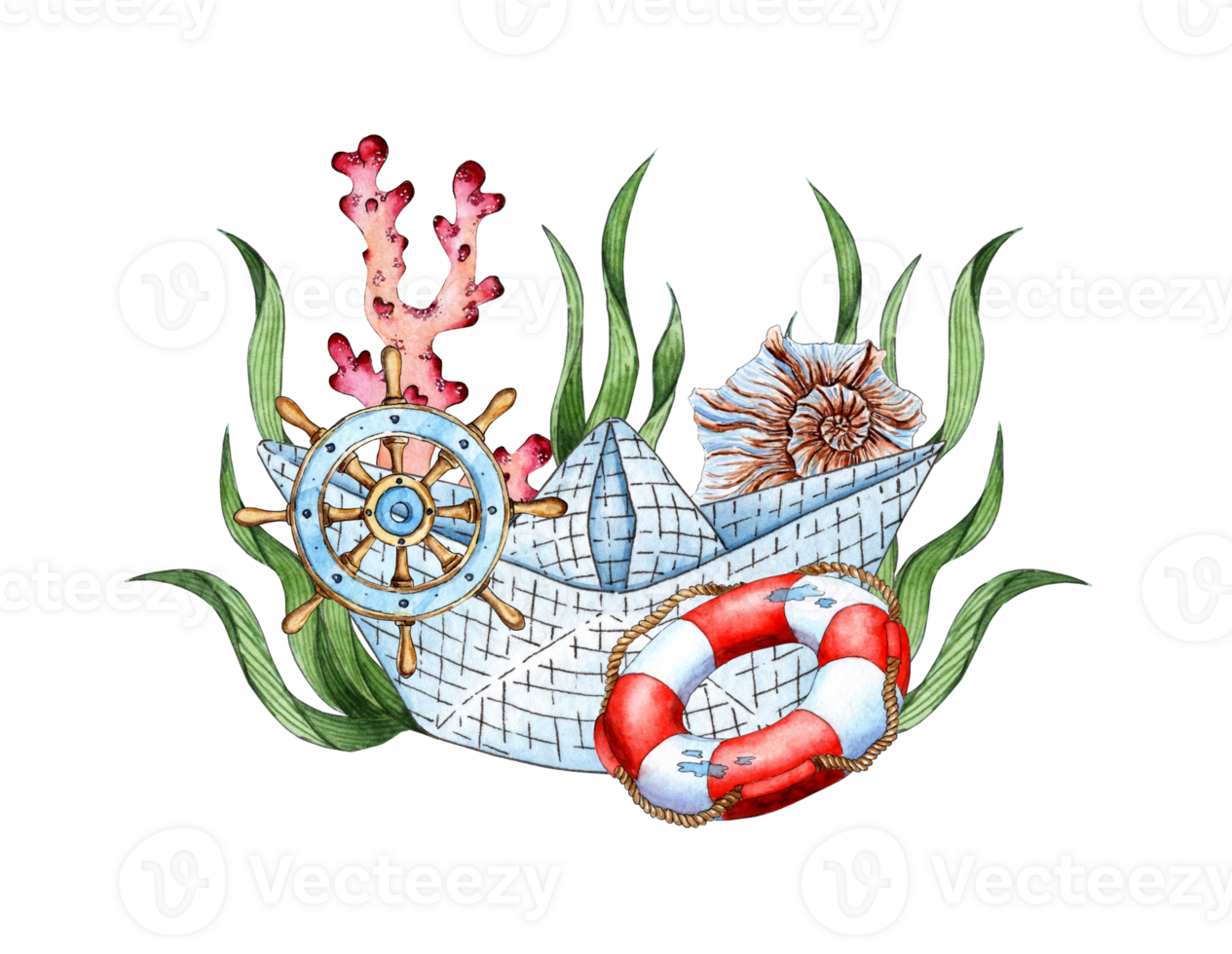 vattenfärg illustration av papper båt, roder, livboj, snäckskal, korall och alger. cliparts för affischer, vykort, banderoller, flygblad, täcker, posters och Övrig utskrift Produkter. isolerat png