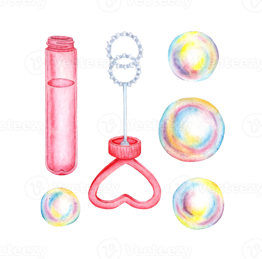Watercolor illustration of a set of soap bubbles, a pink bottle and a stick with a heart-shaped cap. Summer toy symbol, bath time, carnival, bubble party. Isolated, hand drawn. png