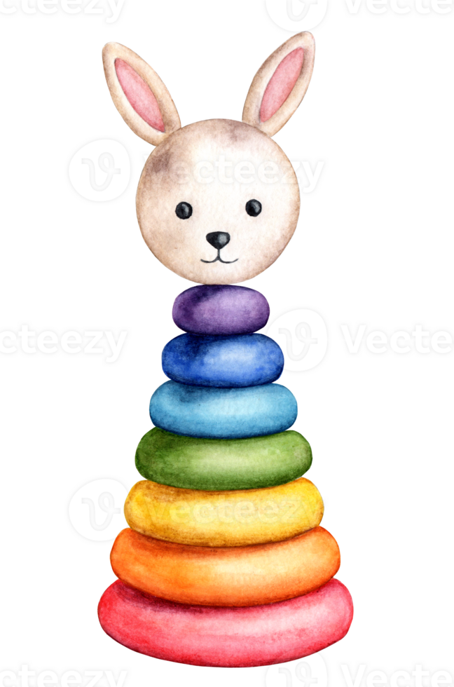 Aquarell Illustration von ein bunt pyramidenförmig Hase Spielzeug zum Babys, Jungs oder Mädchen, wenig Kinder. Clip Kunst zum Stoff Textil- Baby Kleidung, Hintergrund, Verpackung Papier, Verpackung, Design Karten. png