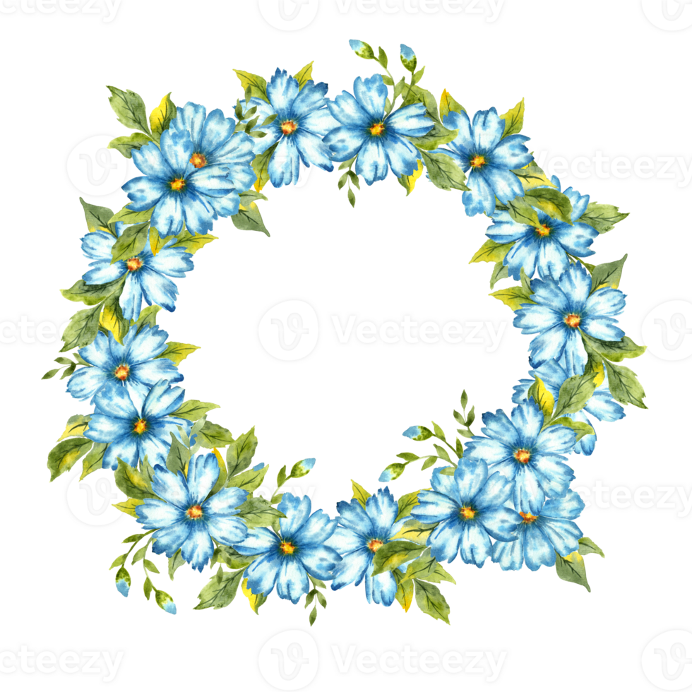 Watercolor illustration of a wreath of blue flowers with buds. Colors indigo, cobalt, sky blue and classic blue. Great pattern for kitchen, home decor, stationery, wedding invitations and clothing png