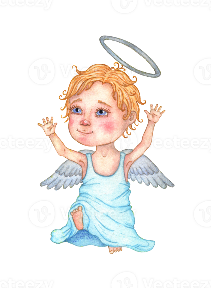 Watercolor illustration of a little cute angel in a big robe on an isolated background. Christmas, Valentine's Day. Design concept for poster, card, banner, clothing, wallpaper, wrapping paper png