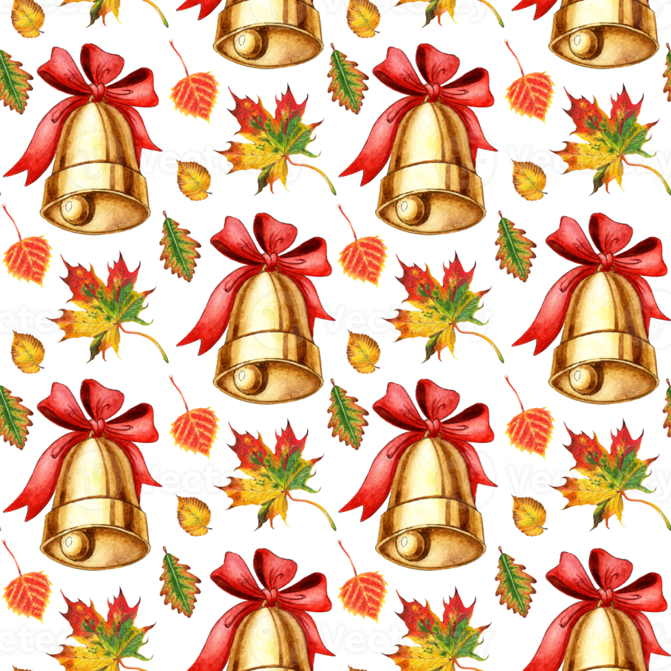 acquerello modello d'oro metallo campana con un' rosso arco e autunno le foglie . senza soluzione di continuità scuola campana, Vintage ▾ campana. indietro per scuola, il evento è il inizio di il scuola anno. disegnato di mano. png