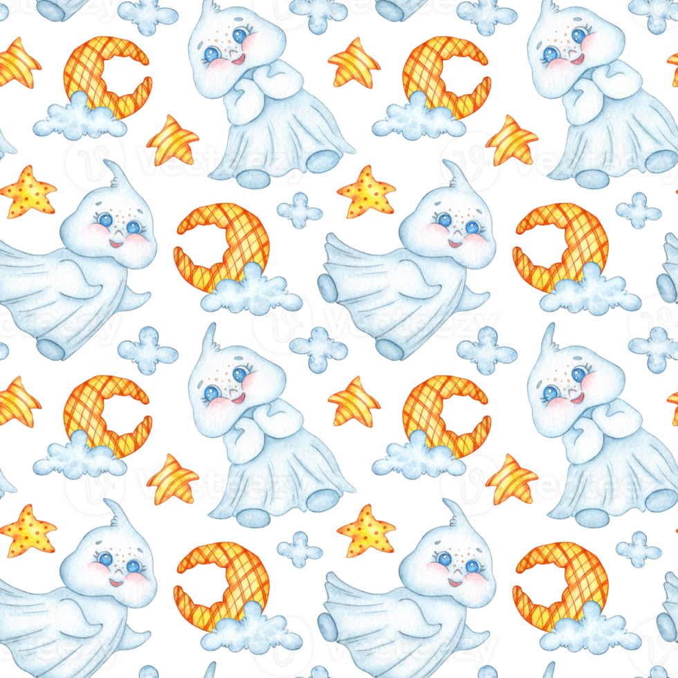 Watercolor illustration pattern of little cute ghosts, moon, stars and clouds. Halloween spirit isolated. Design concept for poster, card, banner, clothing, wallpaper, packaging png