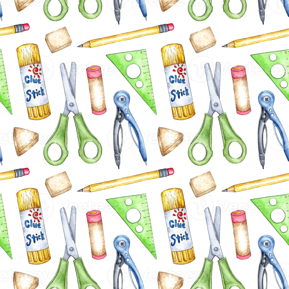 Watercolor drawing pattern of a simple pencil, glue, scissors, compass and eraser. Back to school stationery for posters, posters, postcards, holiday decor. Isolated png