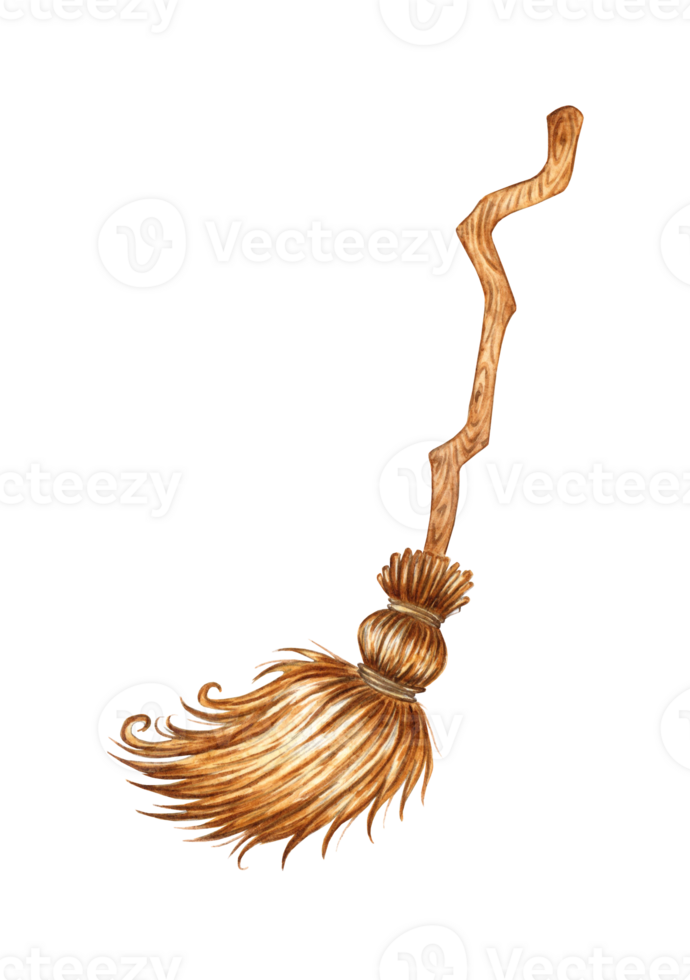 Watercolor illustration of Broom for witch, fairy attributes for Halloween party decoration isolated. Flying fabulous machine. Design concept for poster, card, banner, clothing, wallpaper, wrapping png