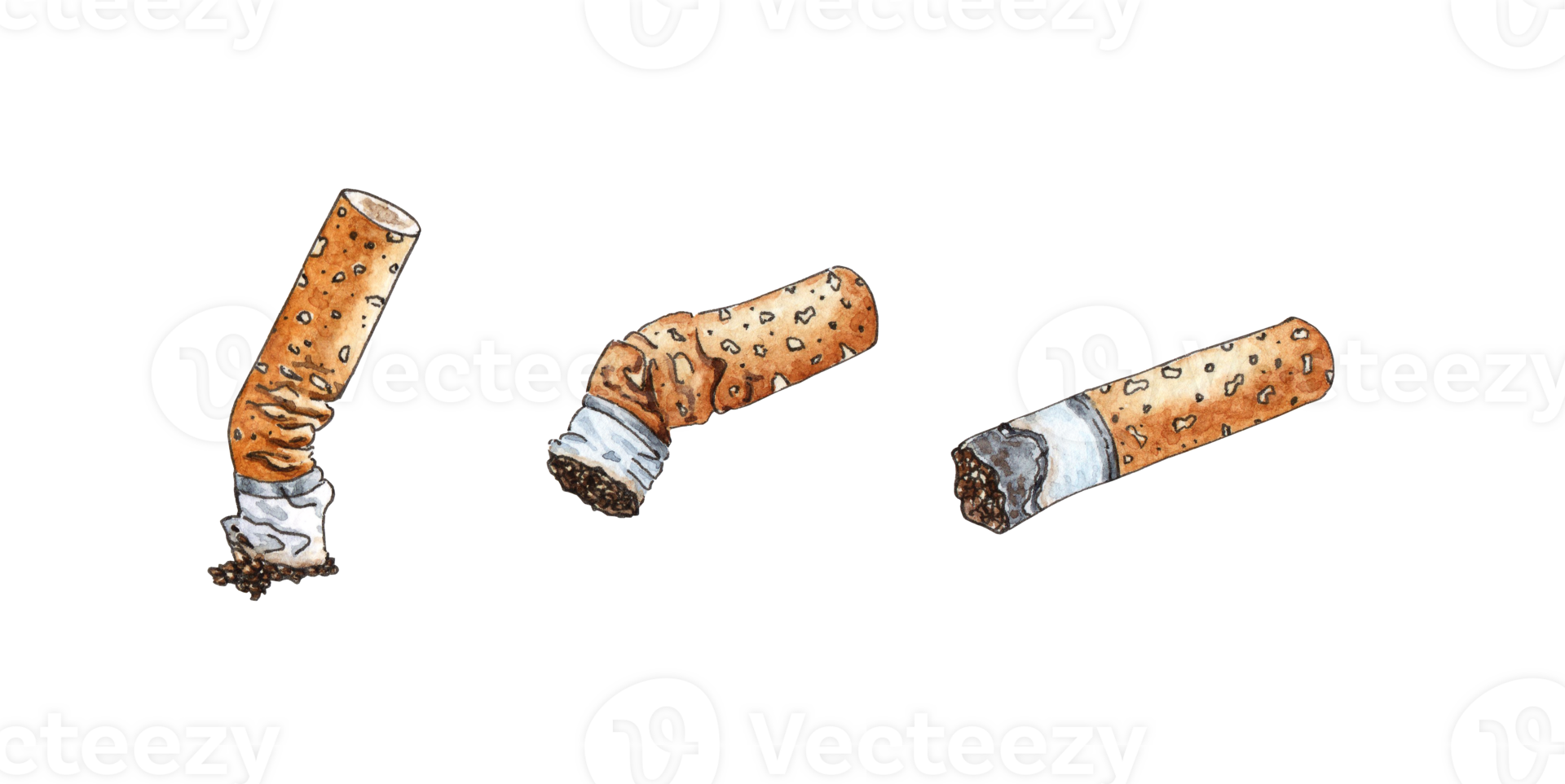 Watercolor set of cigarette butts. Bad bad habit of smoking. A set of trash, dirt and debris. Garbage recycling concept, discarded garbage. Symbol of pollution and waste. Isolated png