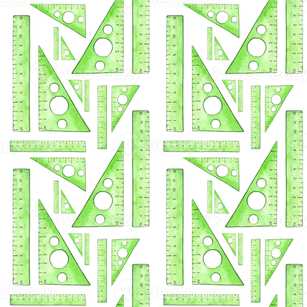 Watercolor illustration pattern of green plastic measuring rulers. Draw, measure and edit. Back to School Writing supplies for posters, posters, postcards, holiday decor. Isolated png